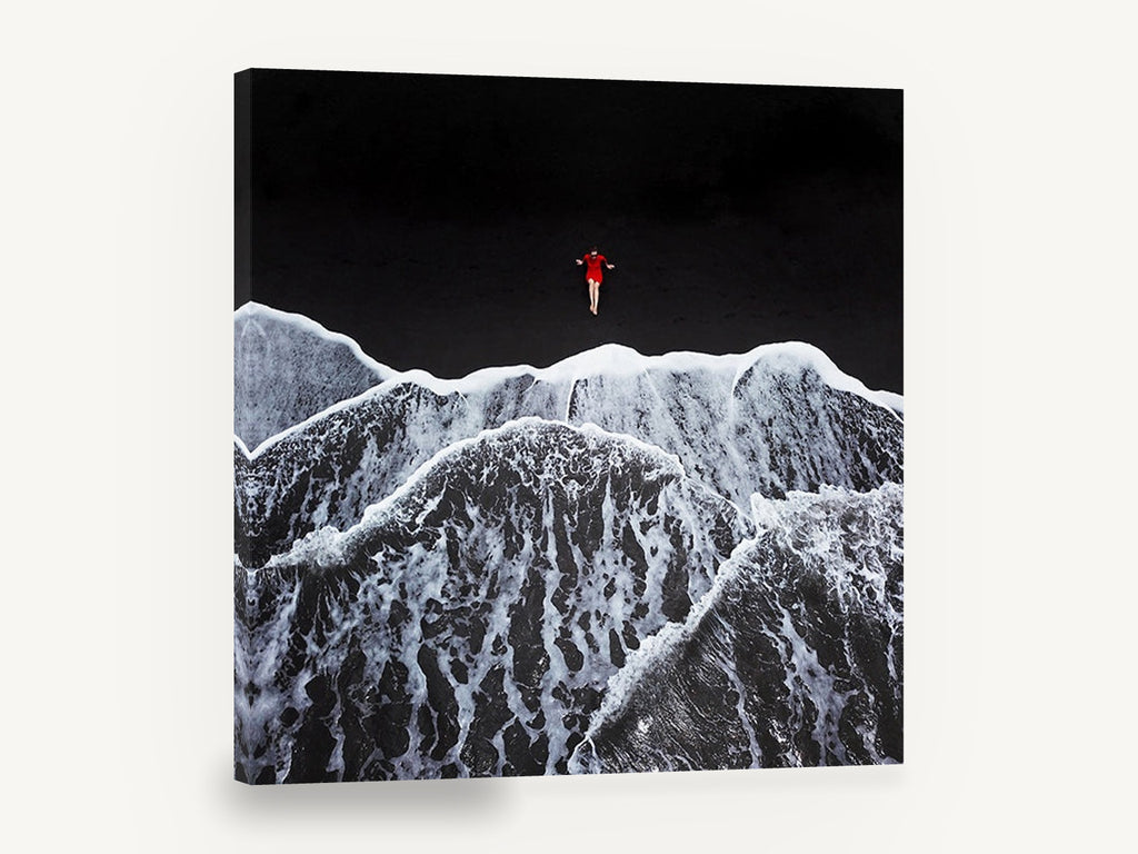 Red Dress Black Shore, aerial black sand beach photograph, coastal canvas wall art print ready to hang