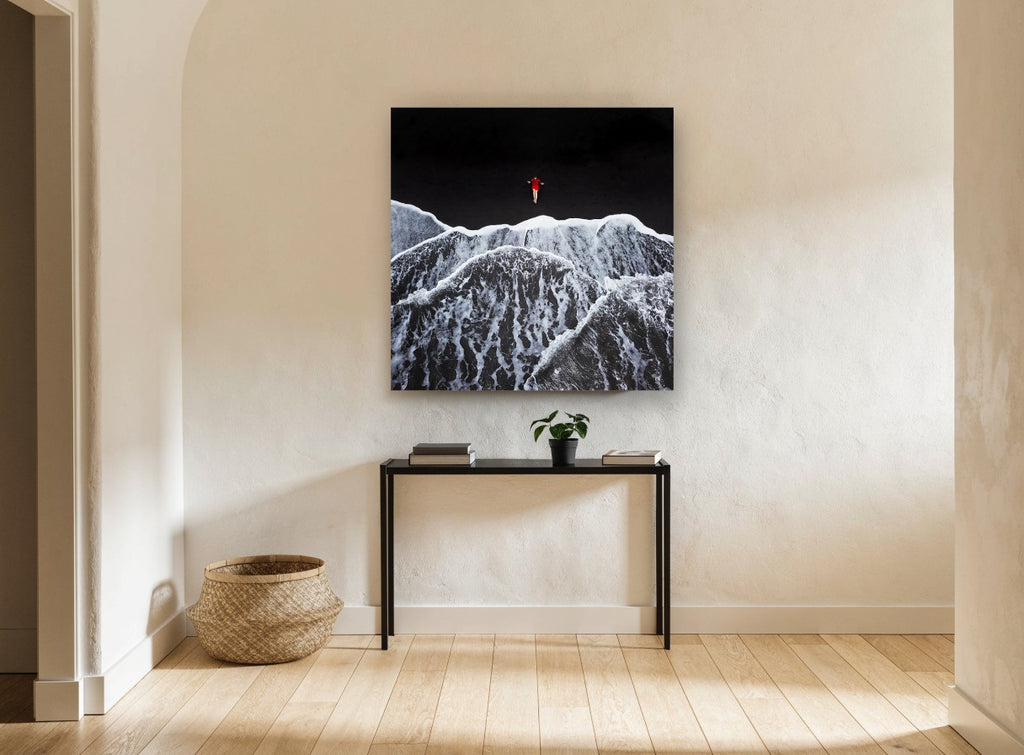Red Dress Black Shore coastal canvas print on the wall of a hallway