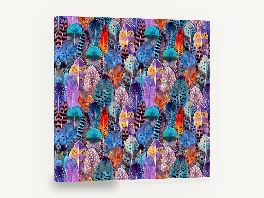 Rainbow Feather Mosaic, colourful feather pattern watercolour, animal canvas wall art print ready to hang
