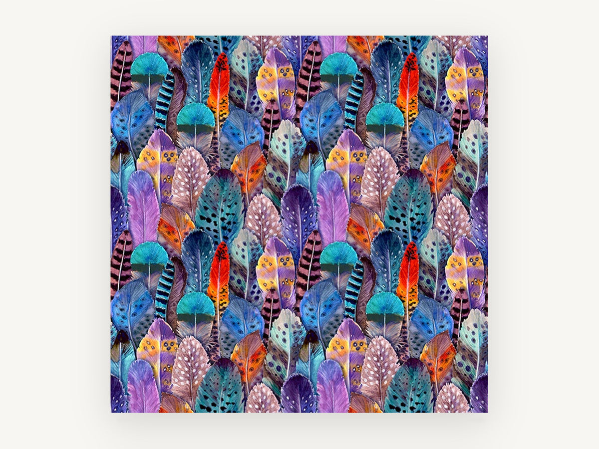 Rainbow Feather Mosaic, colourful feather pattern watercolour, animal canvas wall art print, front view