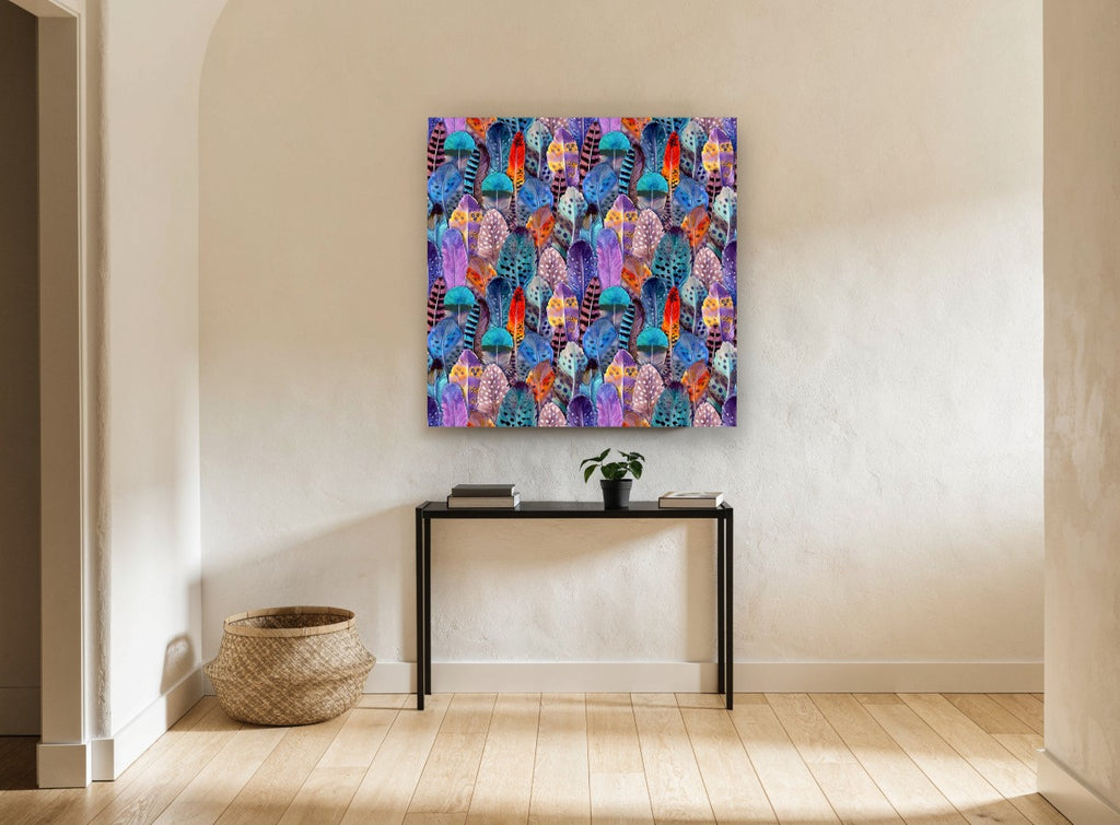 Rainbow Feather Mosaic animal canvas print on the wall of a hallway