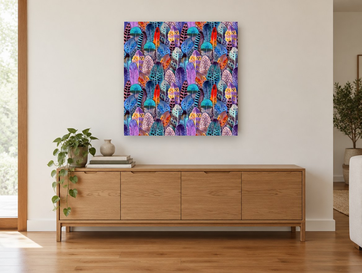 Rainbow Feather Mosaic animal canvas print on the wall of a living room above a sideboard