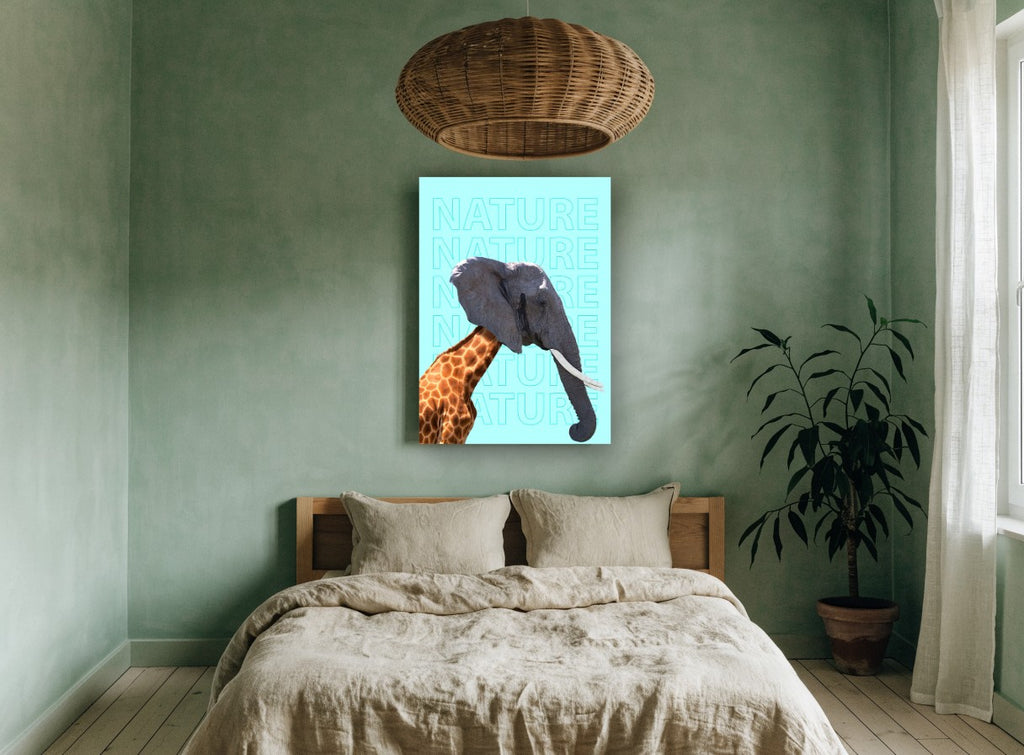 Giraffe Elephant Mashup animal canvas print on the wall of a bedroom