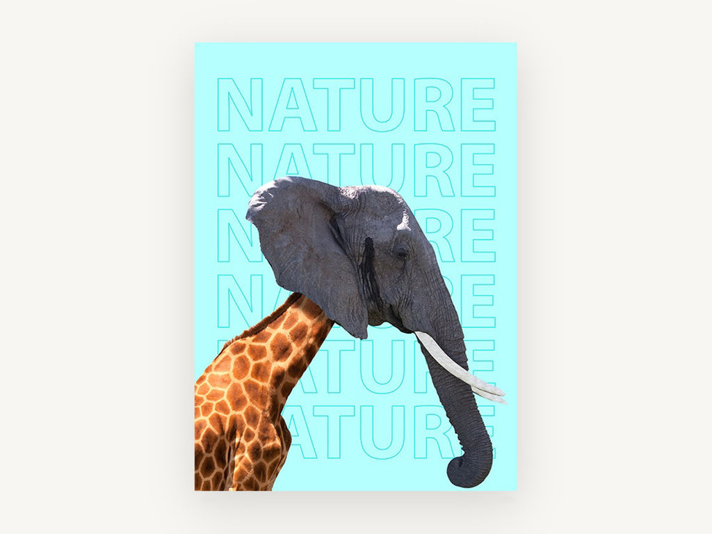 Giraffe Elephant Mashup, elephant giraffe collage typography, animal canvas wall art print, front view