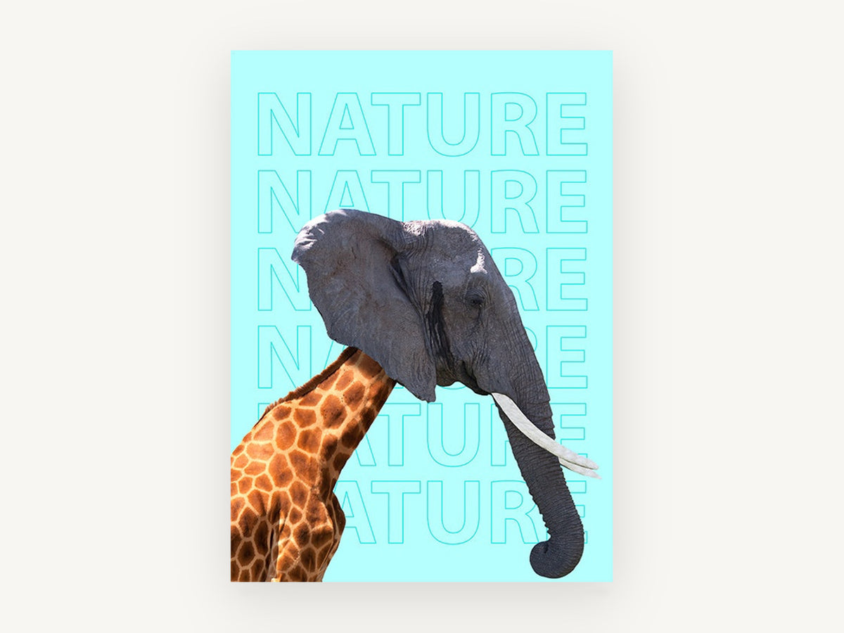 Giraffe Elephant Mashup, elephant giraffe collage typography, animal canvas wall art print, front view