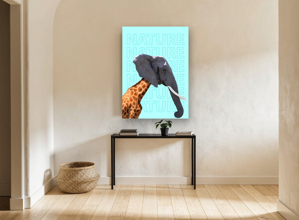 Giraffe Elephant Mashup animal canvas print on the wall of a hallway