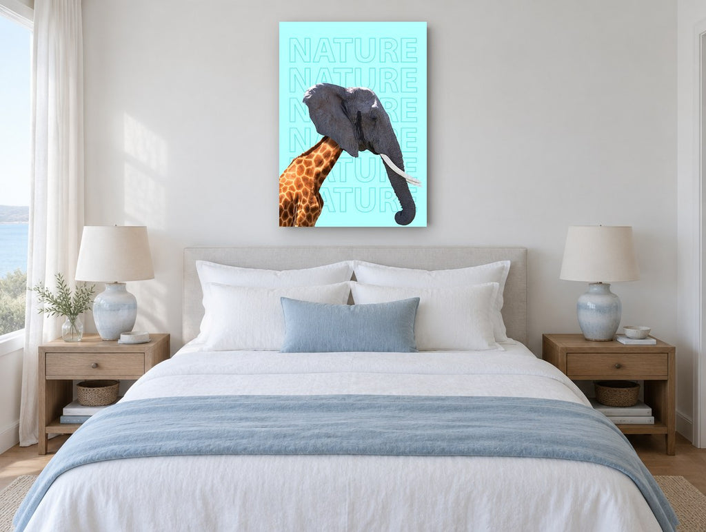 Giraffe Elephant Mashup animal canvas print on the wall of a bedroom