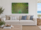 Peacock Fan Display animal canvas print on the wall of a beach house living room