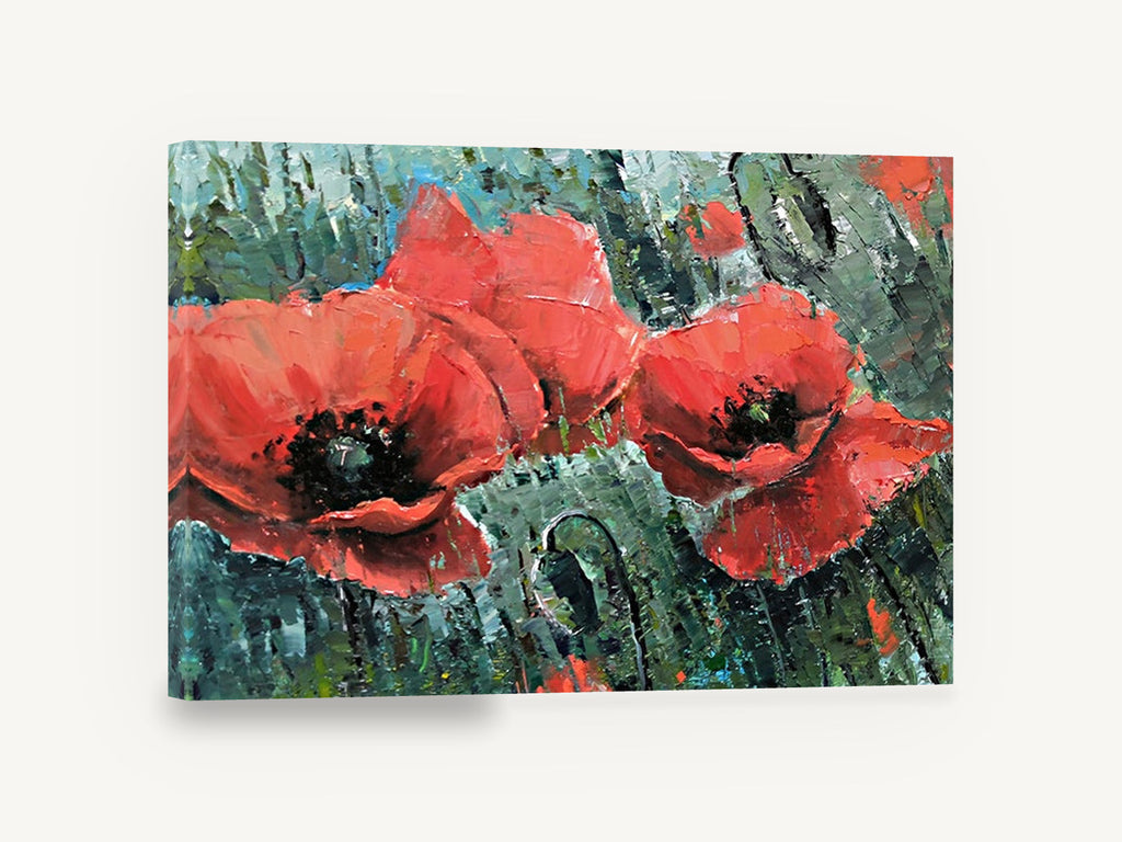 Poppies in Teal Field, red poppies palette knife floral, floral canvas wall art print ready to hang