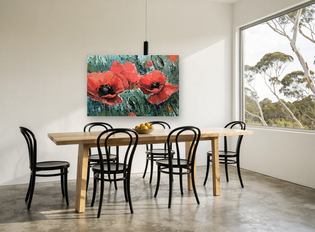 Poppies in Teal Field floral canvas print on the wall of a dining room