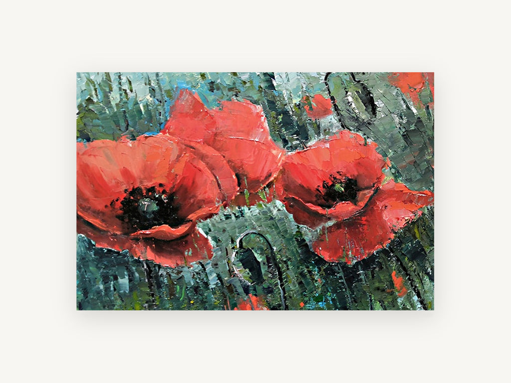 Poppies in Teal Field, floral canvas wall art print, front view