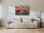 Poppies in Teal Field floral canvas print on the wall of a living room
