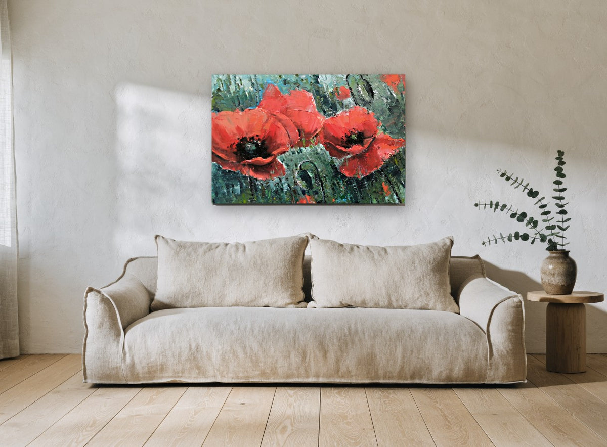 Poppies in Teal Field floral canvas print on the wall of a living room