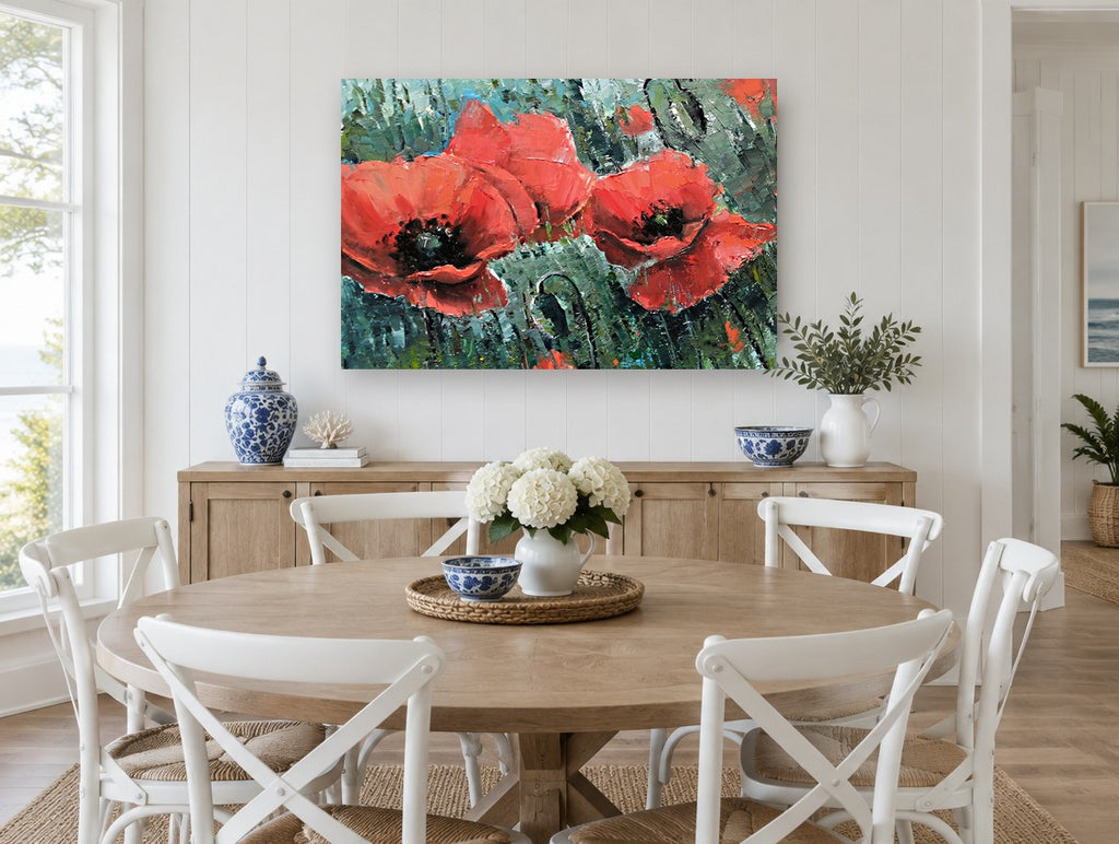 Poppies in Teal Field floral canvas print on the wall of a Hamptons dining room