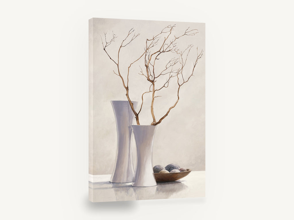 Bare Branches in White, bare branch vases still life painting, floral canvas wall art print ready to hang