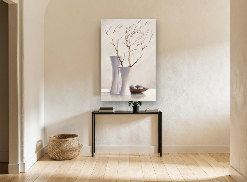 Bare Branches in White floral canvas print on the wall of a hallway