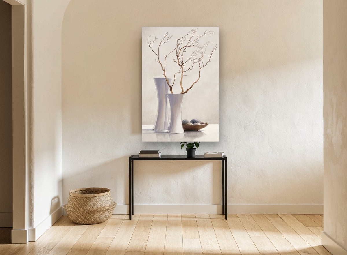 Bare Branches in White floral canvas print on the wall of a hallway