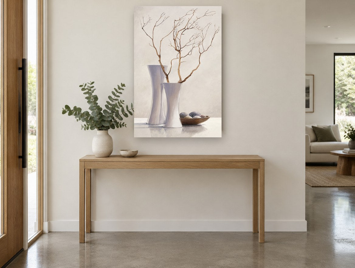 Bare Branches in White floral canvas print on the wall of a entry hall