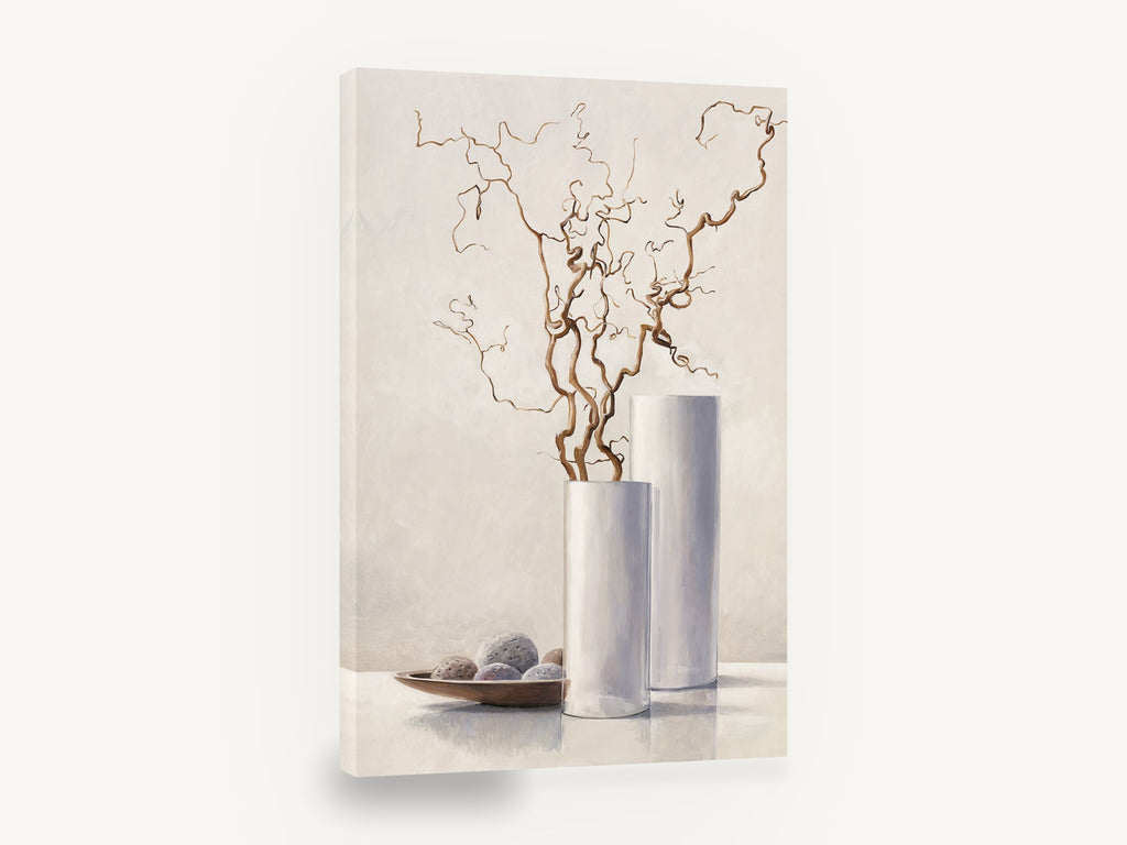 Twisted Willow Vases, curly willow branches white vases still life, floral canvas wall art print ready to hang
