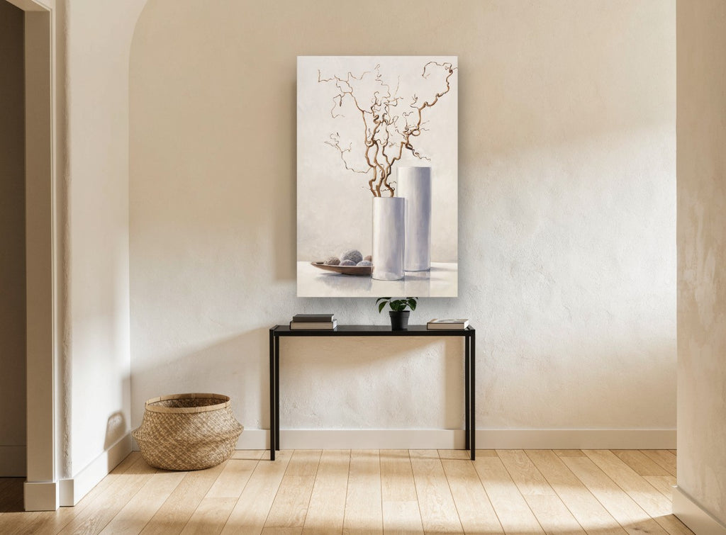 Twisted Willow Vases floral canvas print on the wall of a hallway