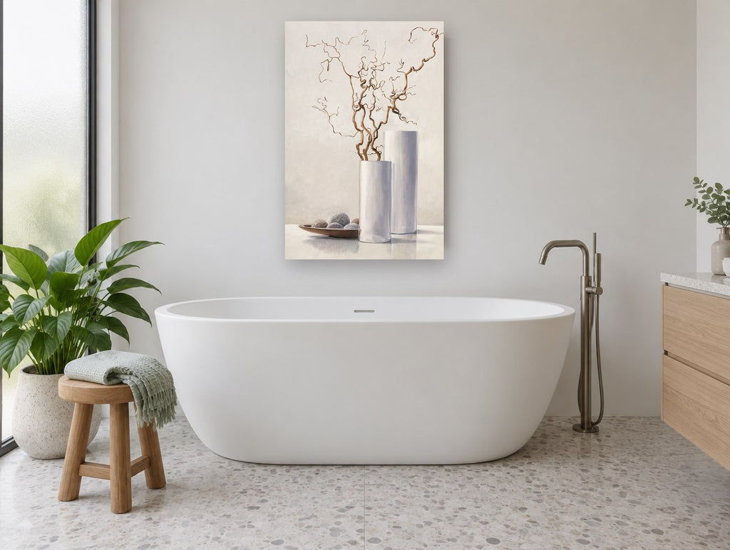 Twisted Willow Vases floral canvas print on the wall of a bathroom