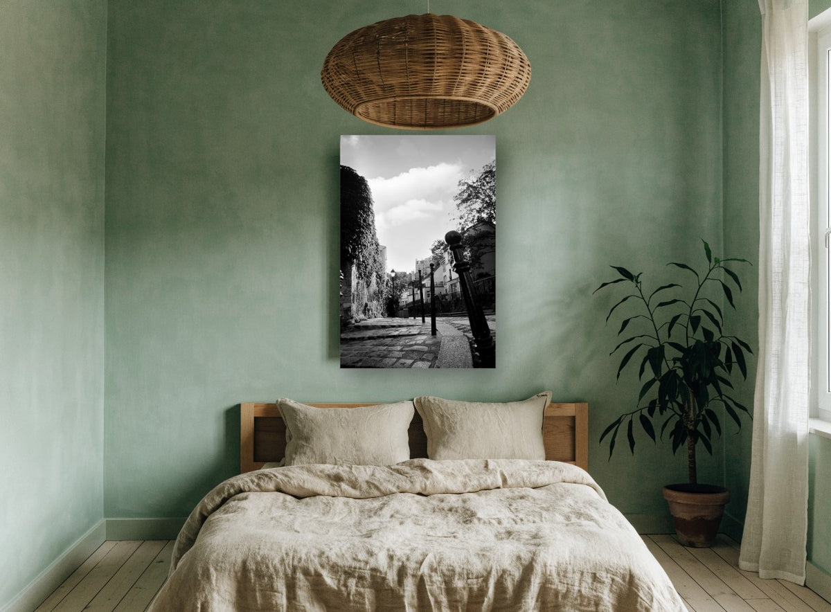 Cobbled Lane Bollards city canvas print on the wall of a bedroom