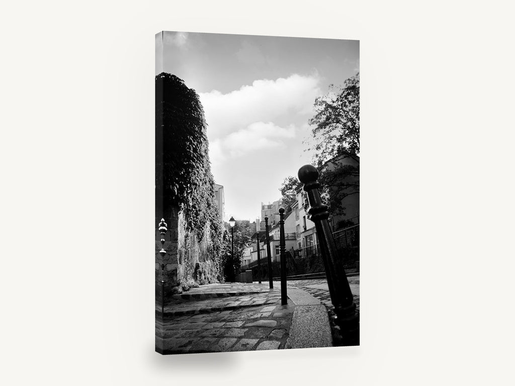 Cobbled Lane Bollards, paris cobbled street black and white photograph, city canvas wall art print ready to hang