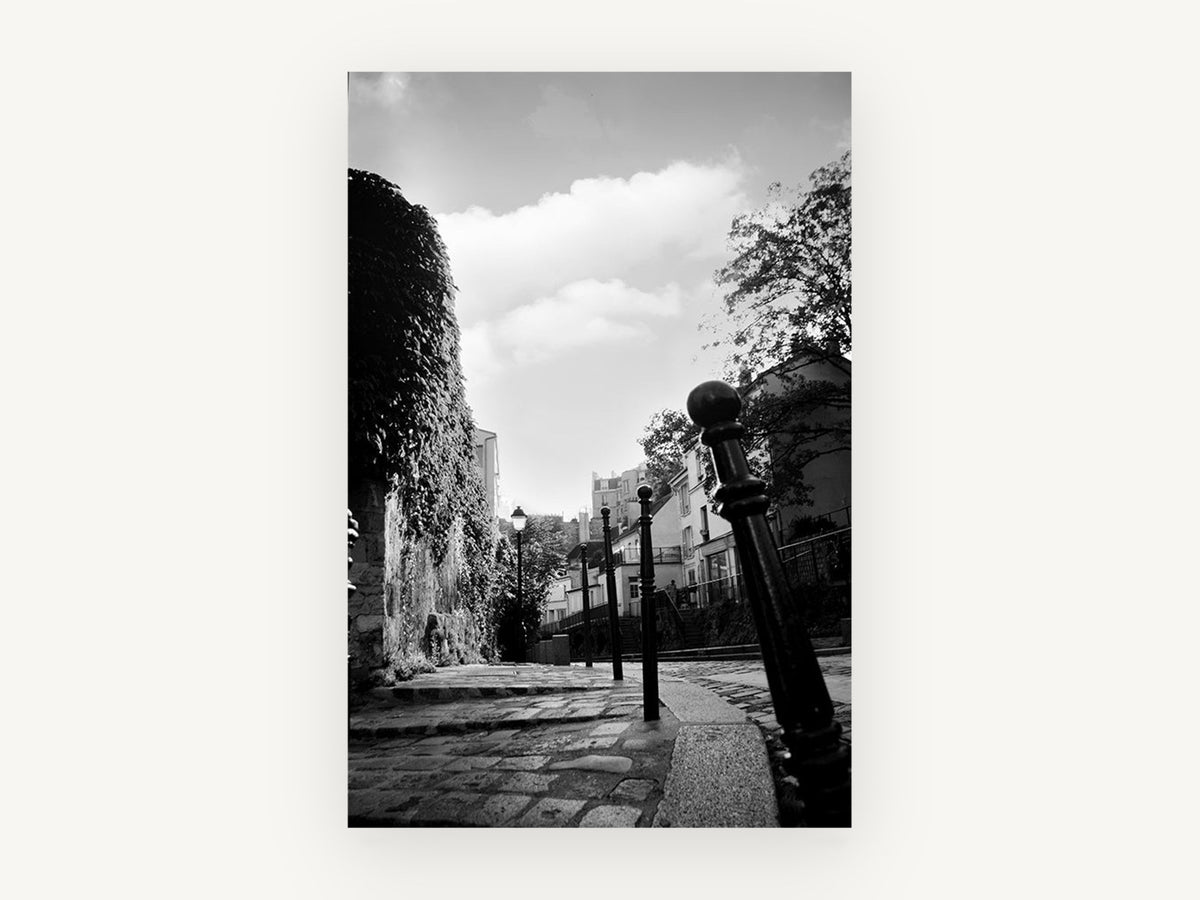 Cobbled Lane Bollards, paris cobbled street black and white photograph, city canvas wall art print, front view