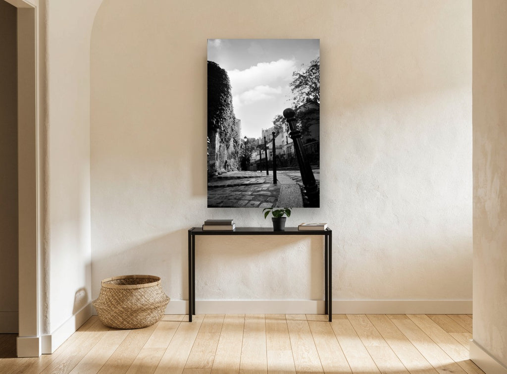 Cobbled Lane Bollards city canvas print on the wall of a hallway
