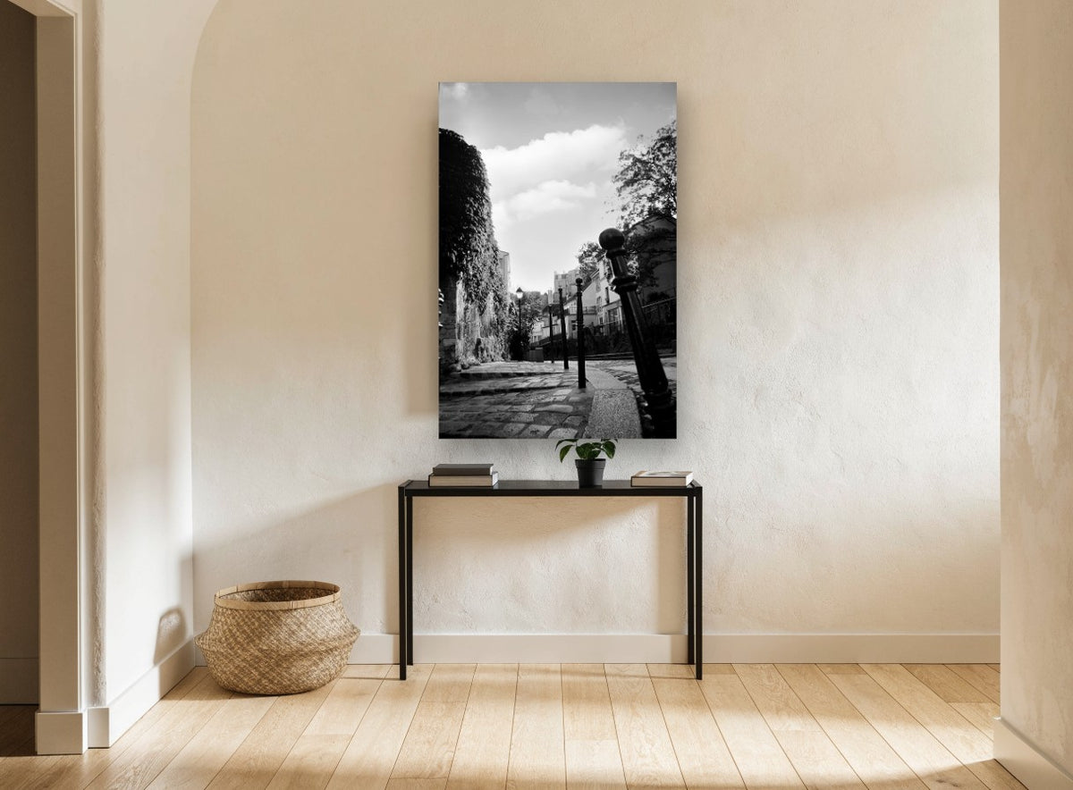 Cobbled Lane Bollards city canvas print on the wall of a hallway