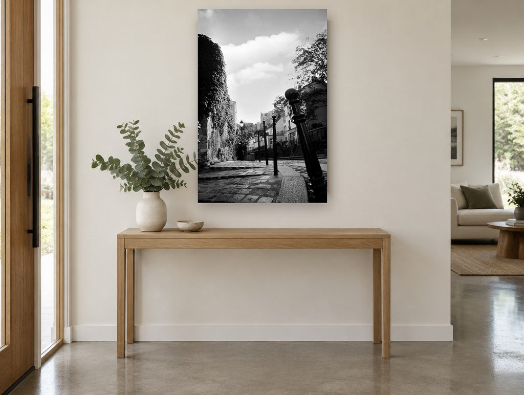 Cobbled Lane Bollards city canvas print on the wall of a entry hall