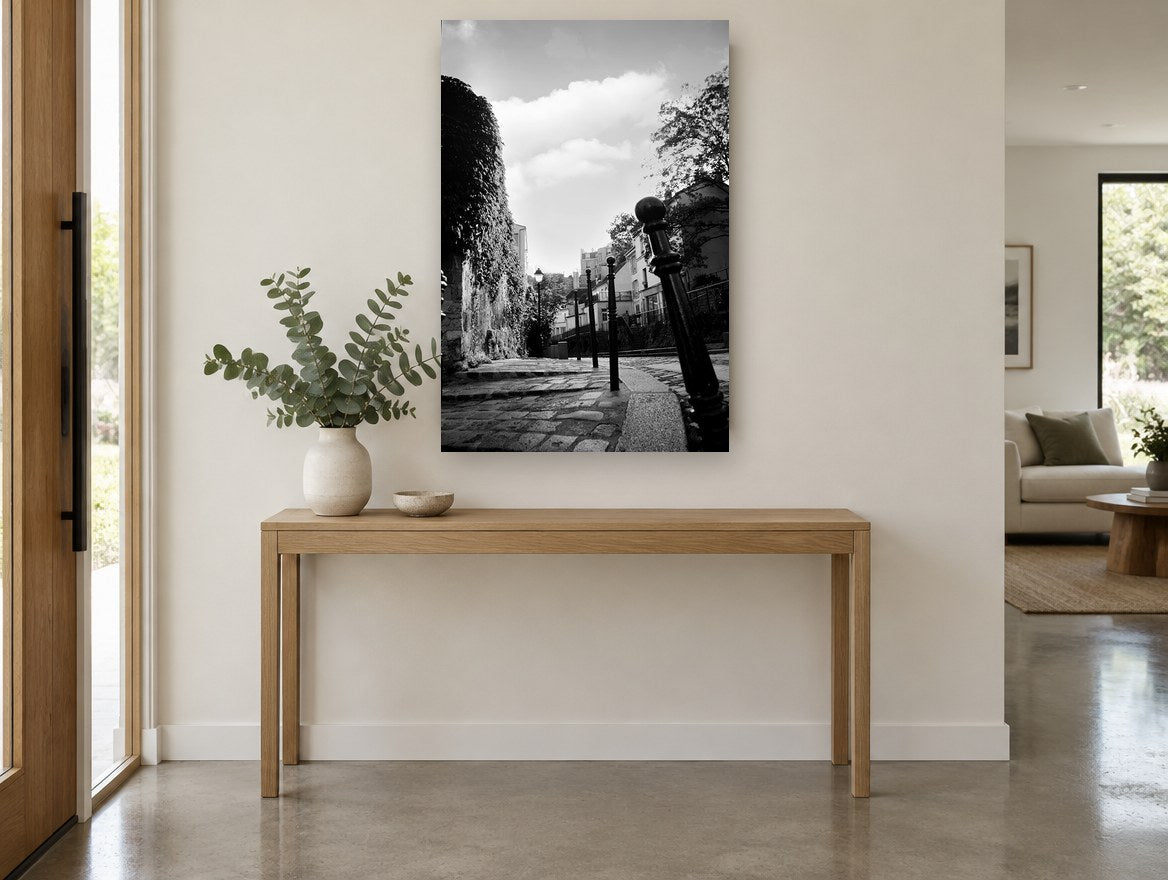 Cobbled Lane Bollards city canvas print on the wall of a entry hall