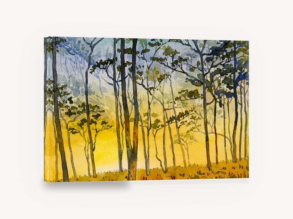 Golden Glow Woodland, golden forest watercolour landscape, landscape canvas wall art print ready to hang