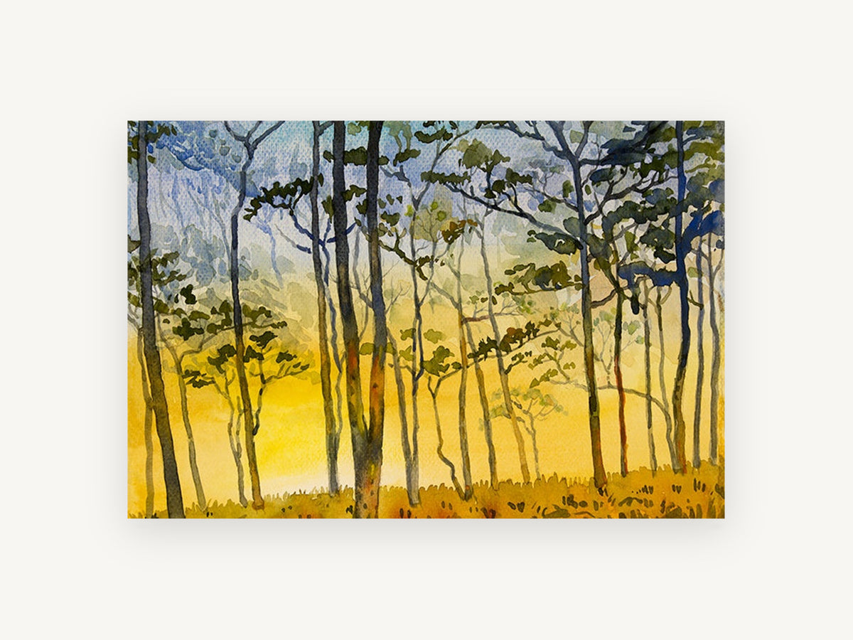 Golden Glow Woodland, golden forest watercolour landscape, landscape canvas wall art print, front view
