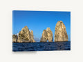 Three Sunlit Sea Stacks, limestone sea stacks ocean photograph, coastal canvas wall art print ready to hang