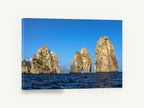 Three Sunlit Sea Stacks, limestone sea stacks ocean photograph, coastal canvas wall art print ready to hang