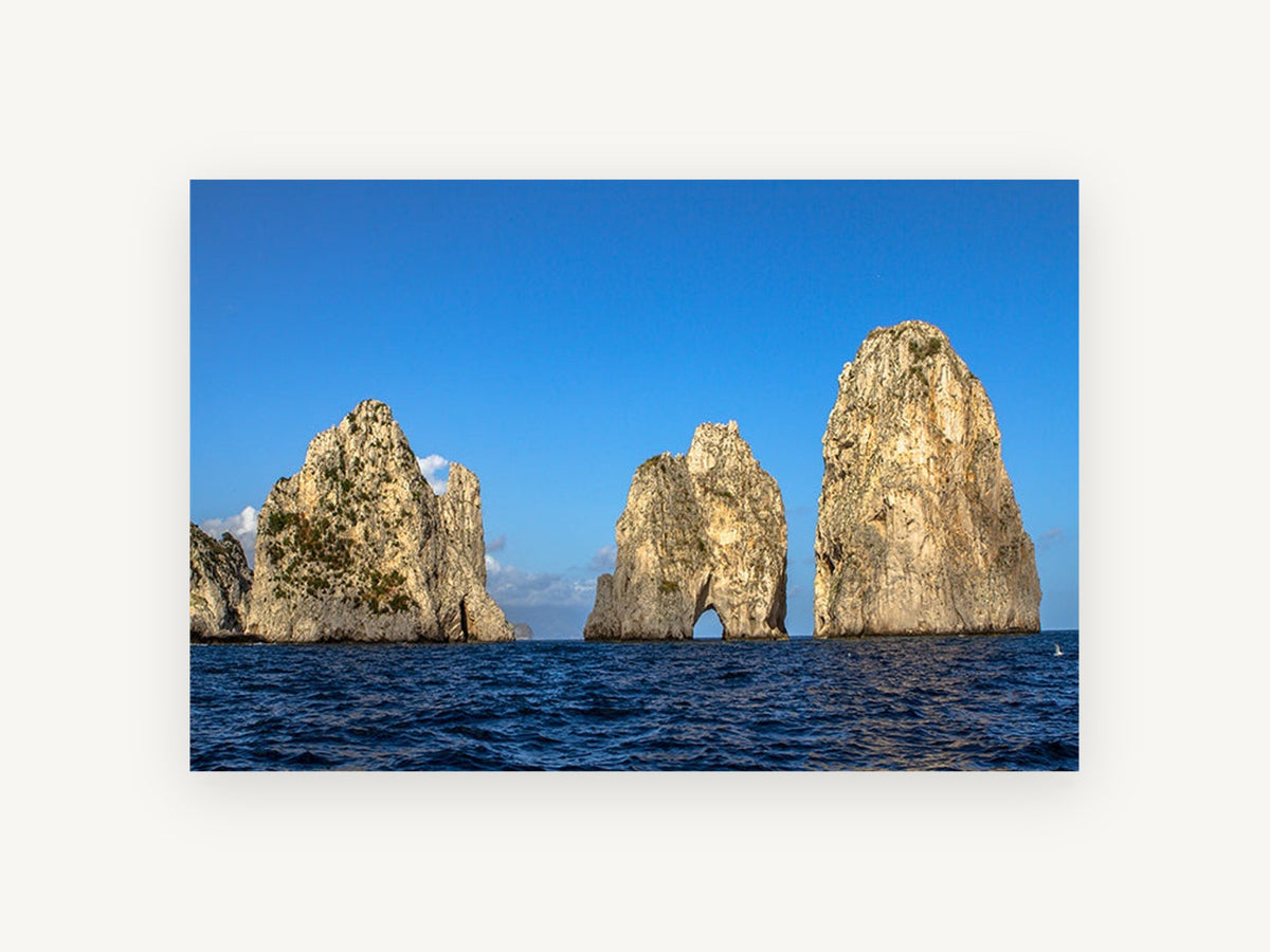 Three Sunlit Sea Stacks, coastal canvas wall art print, front view