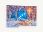 Lamplit Winter Avenue, snowy park path street lamps artwork, landscape canvas wall art print ready to hang