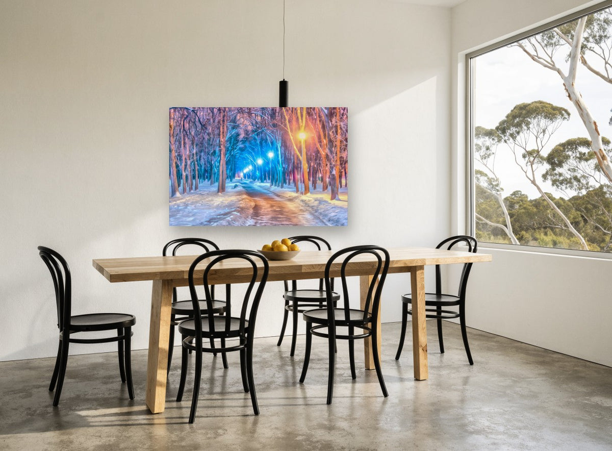 Lamplit Winter Avenue landscape canvas print on the wall of a dining room