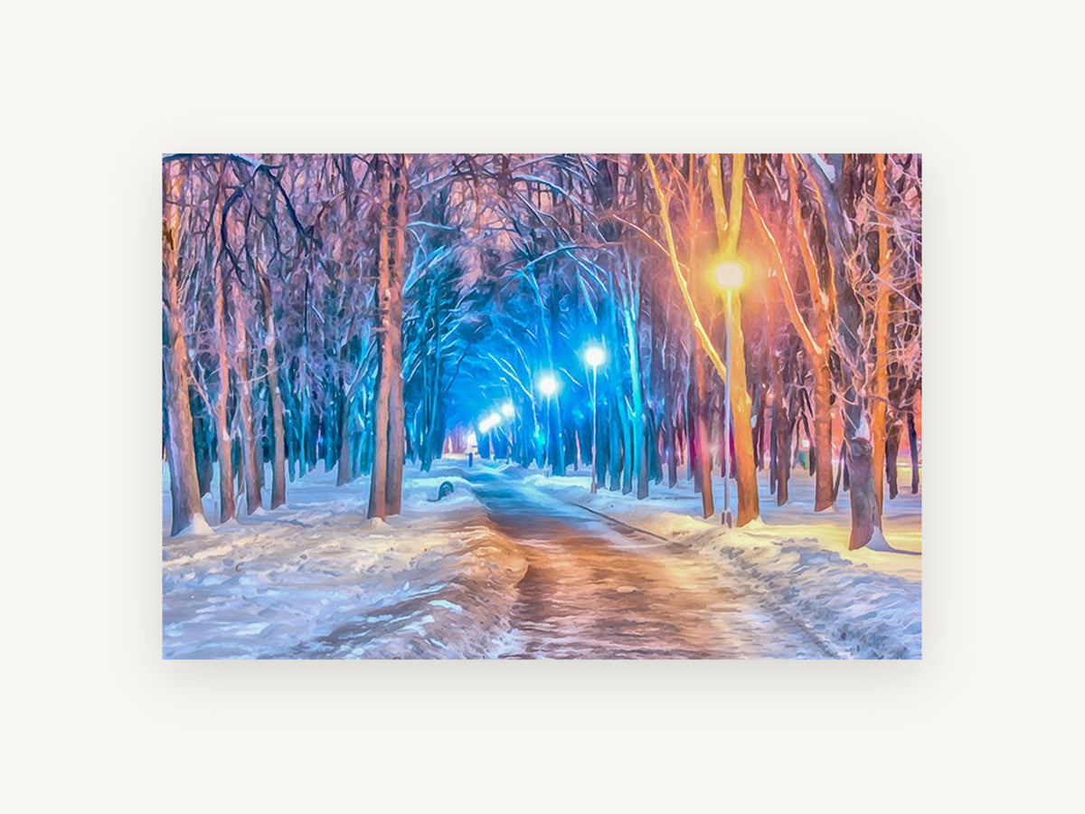 Lamplit Winter Avenue, snowy park path street lamps artwork, landscape canvas wall art print, front view