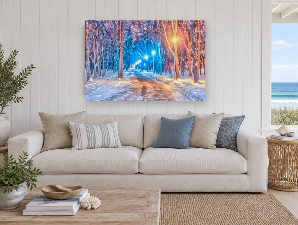 Lamplit Winter Avenue landscape canvas print on the wall of a beach house living room