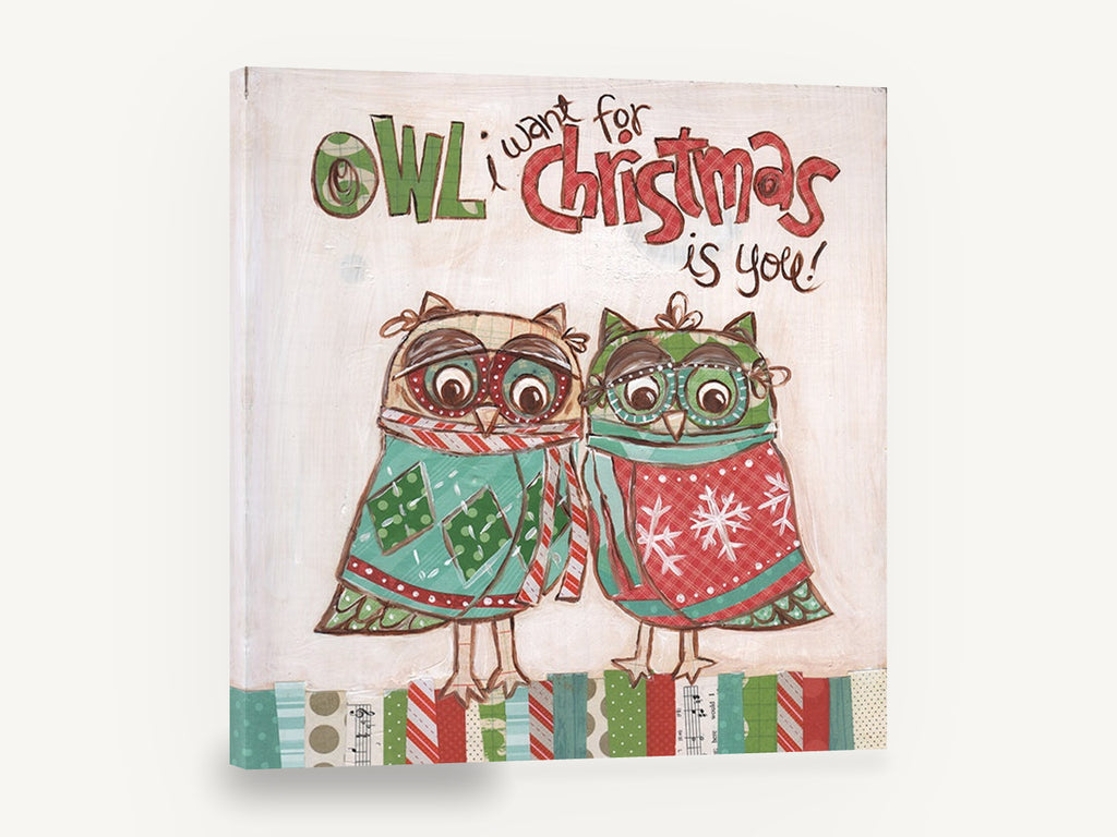 Owl Christmas Pair, christmas owls whimsical illustration, animal canvas wall art print ready to hang