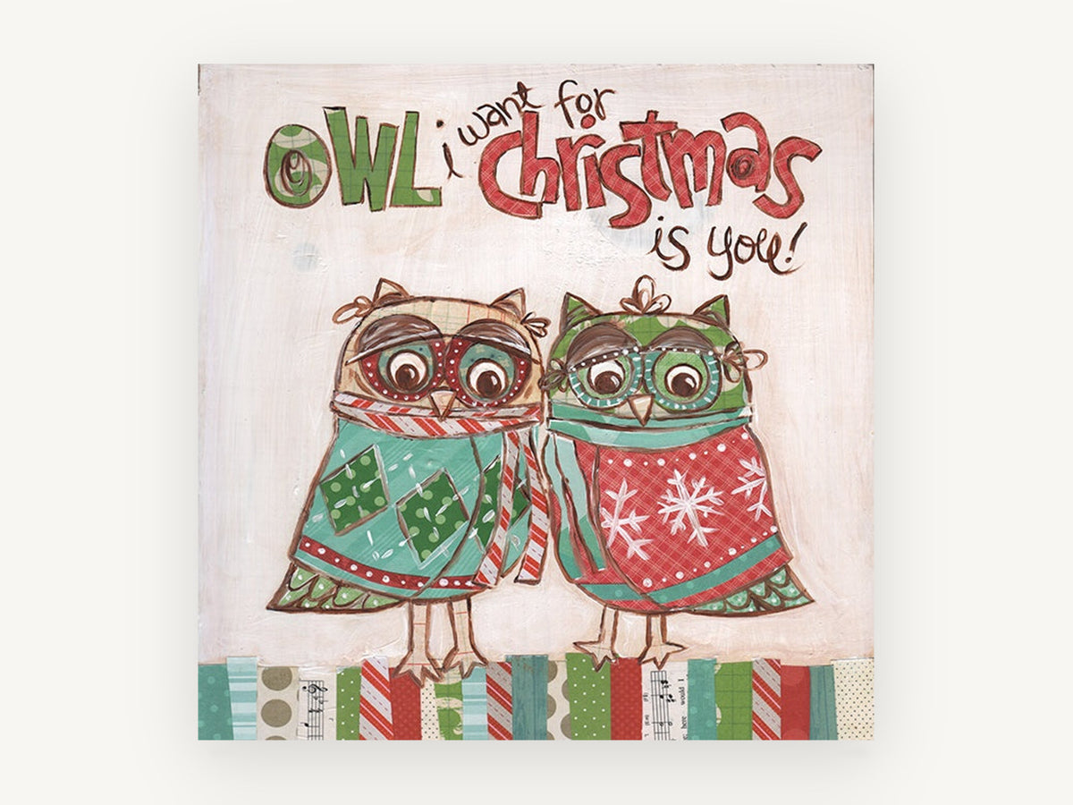 Owl Christmas Pair, christmas owls whimsical illustration, animal canvas wall art print, front view