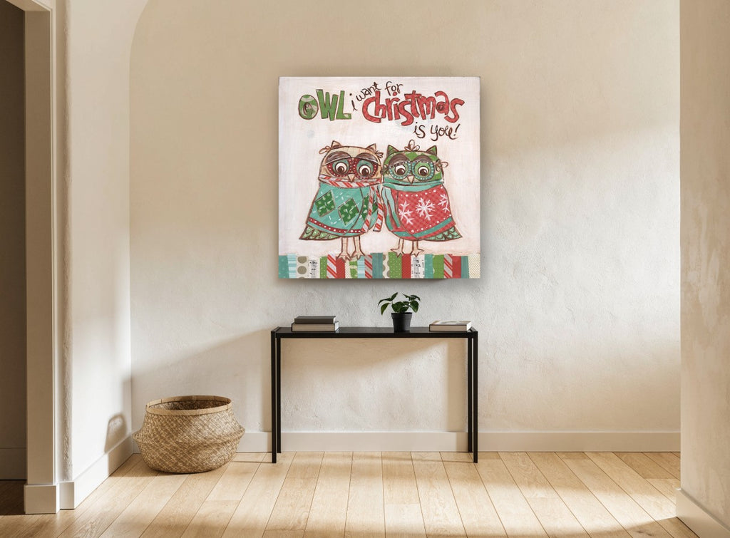 Owl Christmas Pair animal canvas print on the wall of a hallway