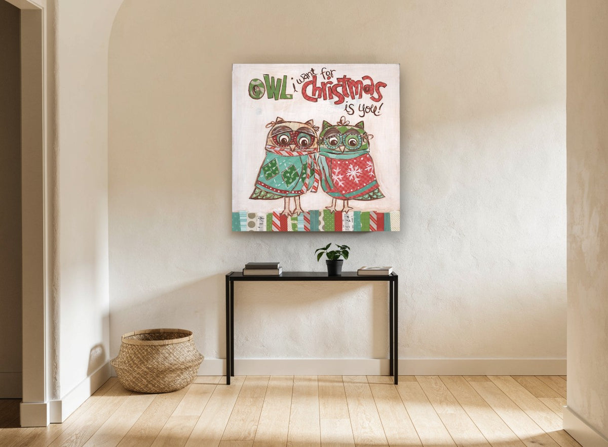 Owl Christmas Pair animal canvas print on the wall of a hallway