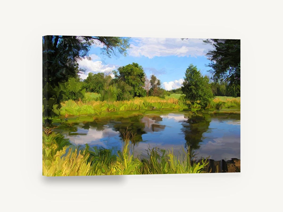 Still Pond Reflections, green pond reflection digital landscape, landscape canvas wall art print ready to hang
