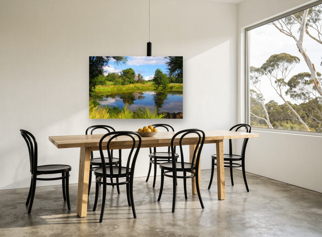 Still Pond Reflections landscape canvas print on the wall of a dining room
