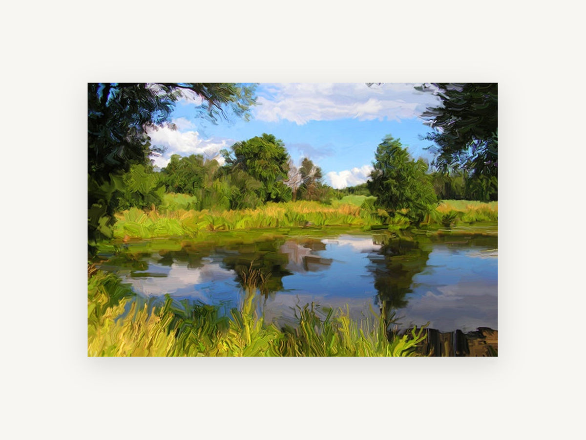 Still Pond Reflections, green pond reflection digital landscape, landscape canvas wall art print, front view