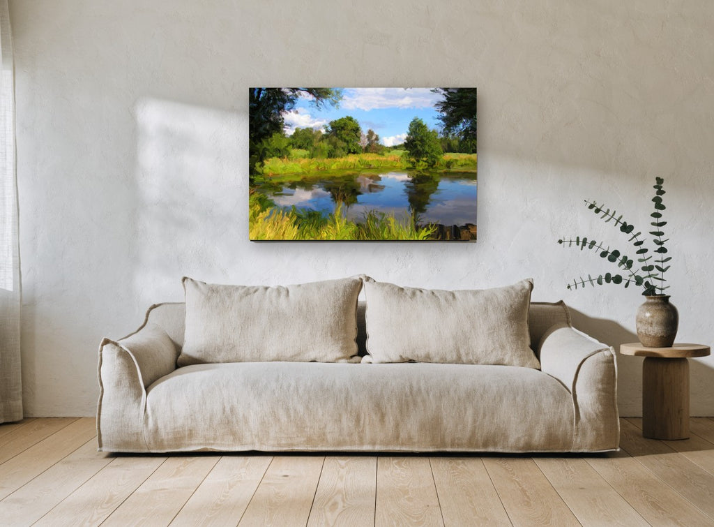 Still Pond Reflections landscape canvas print on the wall of a living room