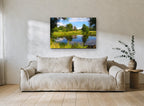 Still Pond Reflections landscape canvas print on the wall of a living room